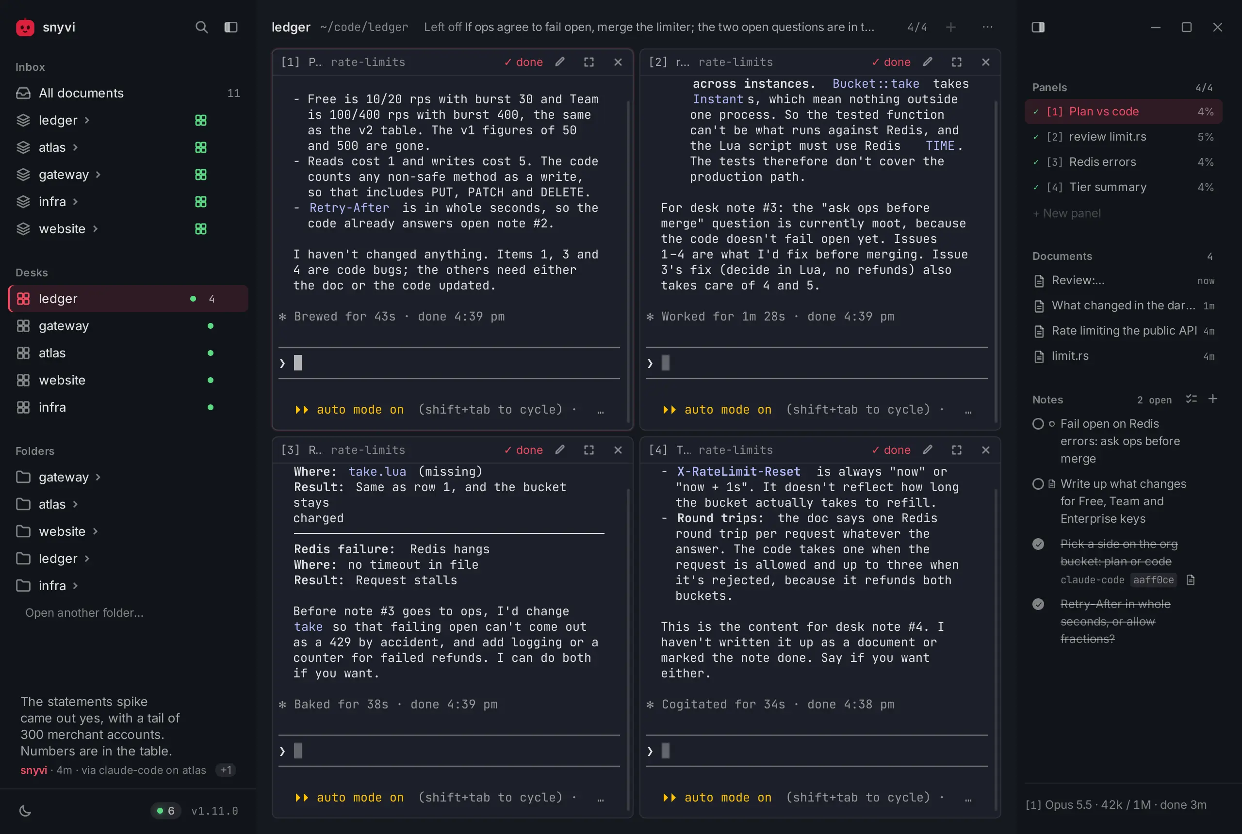 The ledger desk in snyvi: four Claude Code sessions side by side in their own panels, the projects in the sidebar, and the desk's panels, documents and notes in the rail